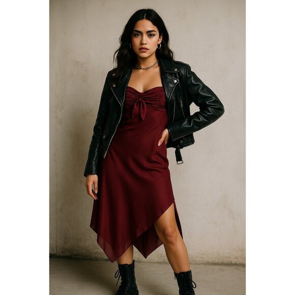 Eva Blue Dresses & Skirts - Eva Blue Burgundy Asymmetrical Slip Dress | Ruched Tie Bust Satin Midi Dress | R